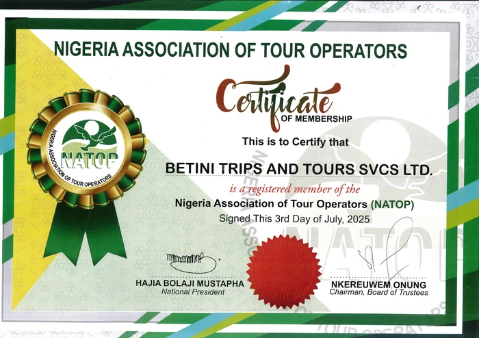 NATOP Certificate of Membership for Betini Trips and Tours Services Ltd