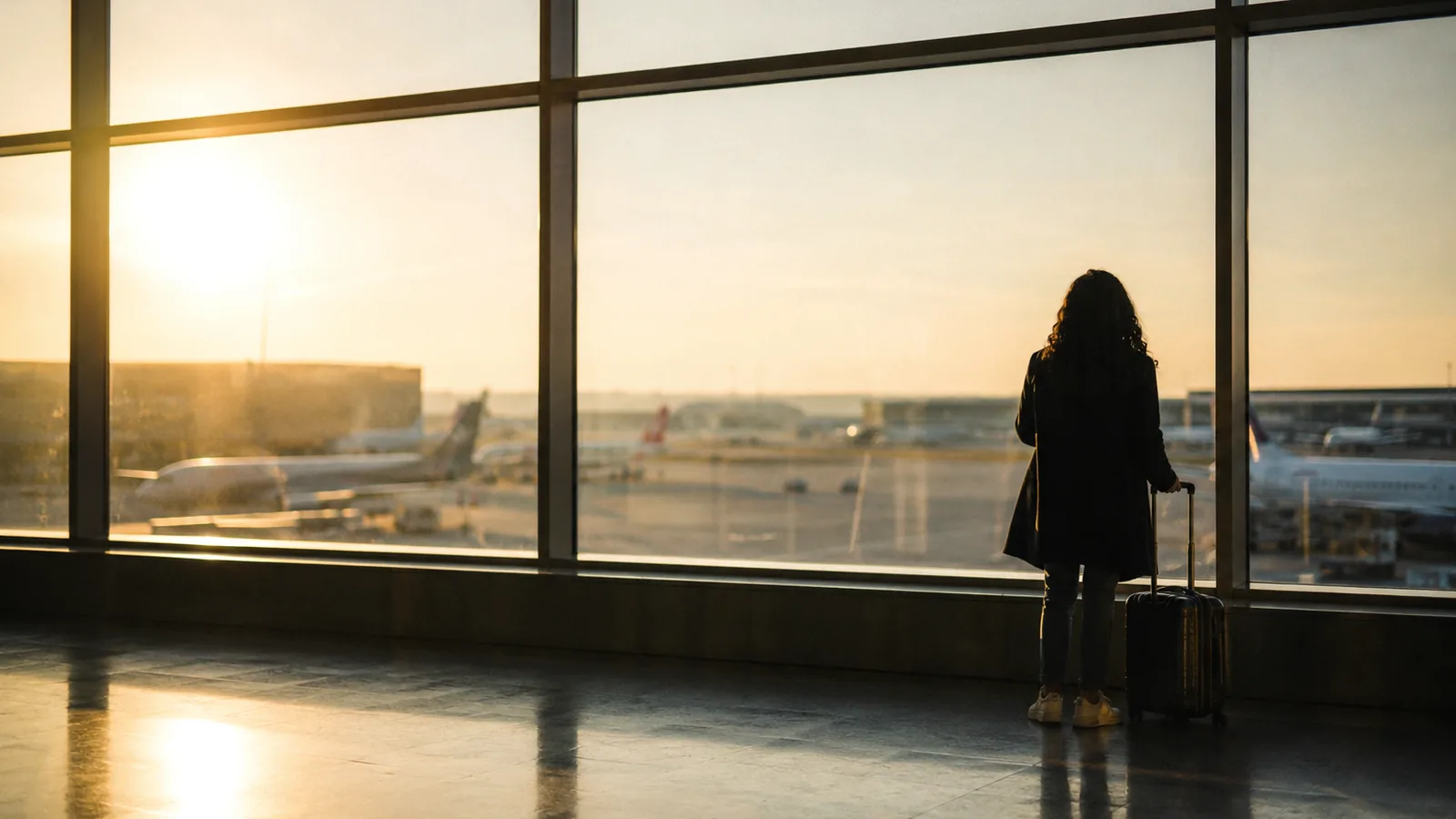A traveller at an airport window at sunrise